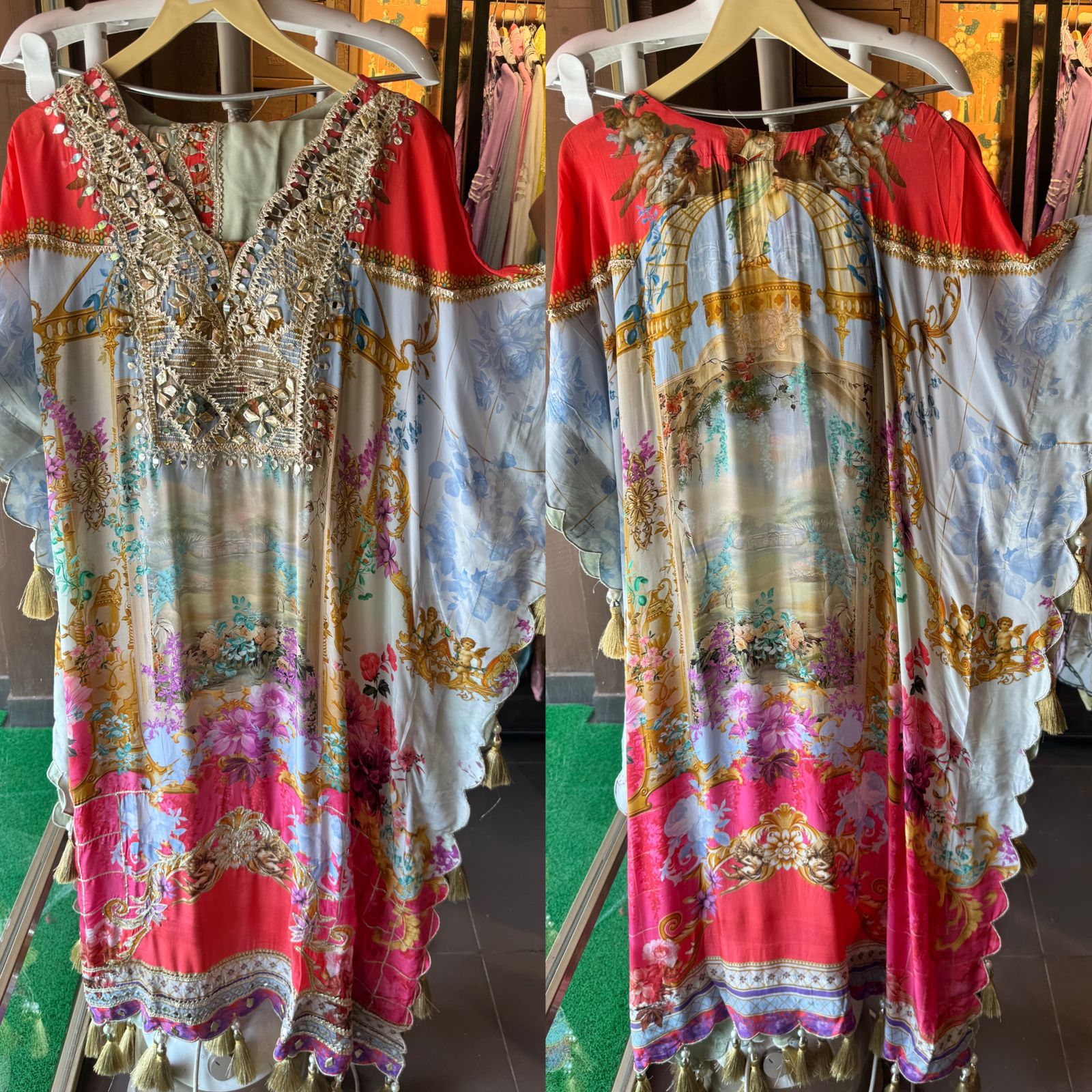 Pure crepe digital kaaftan with dhoti salwar set.