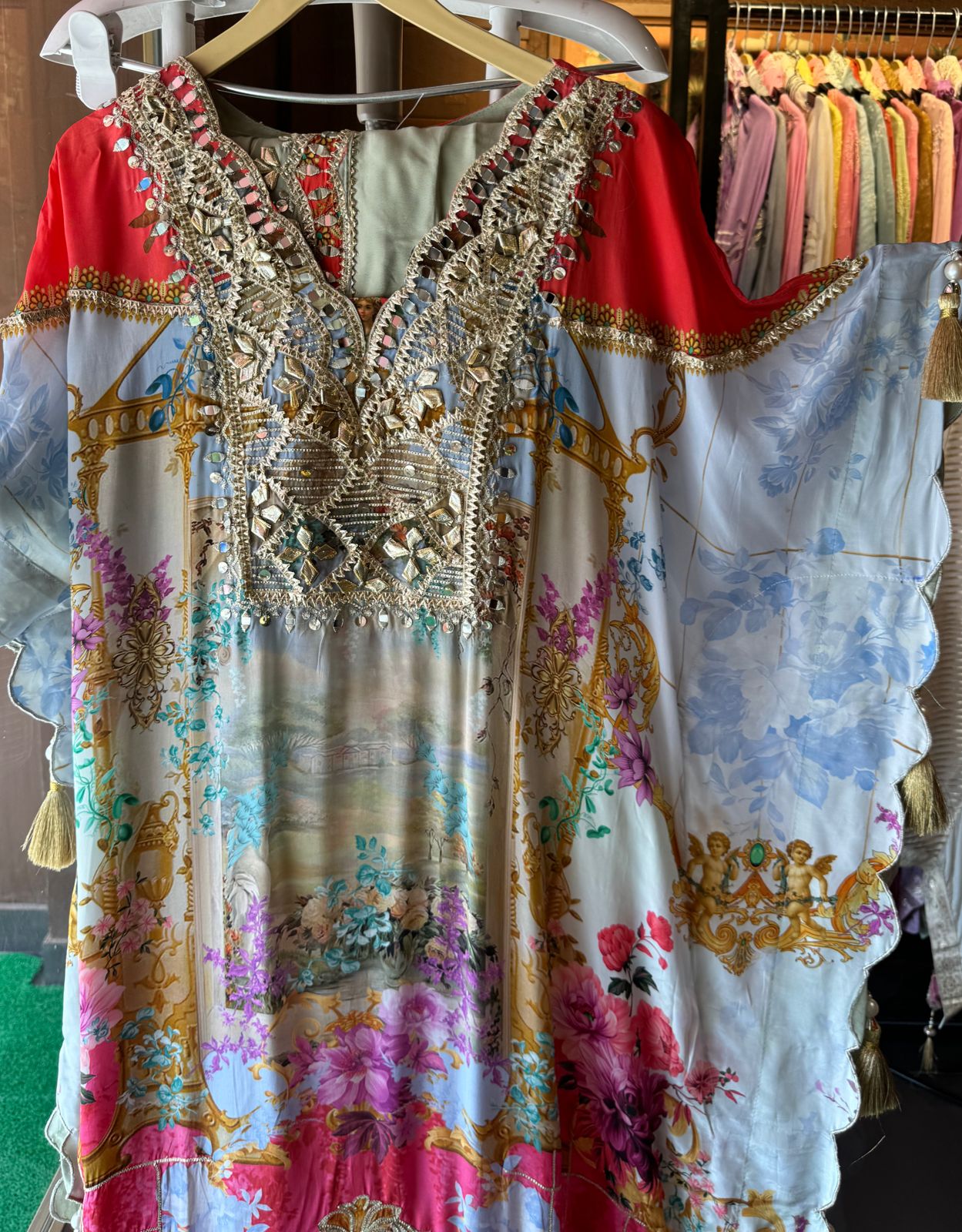 Pure crepe digital kaaftan with dhoti salwar set.