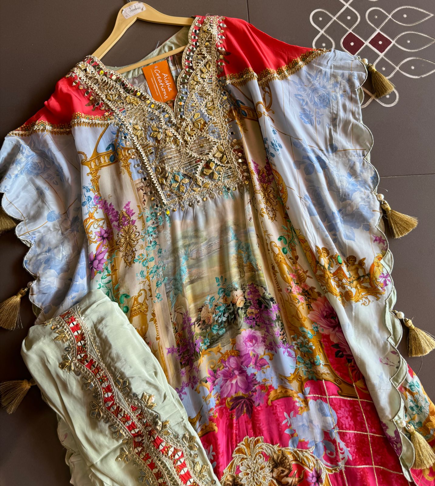 Pure crepe digital kaaftan with dhoti salwar set.