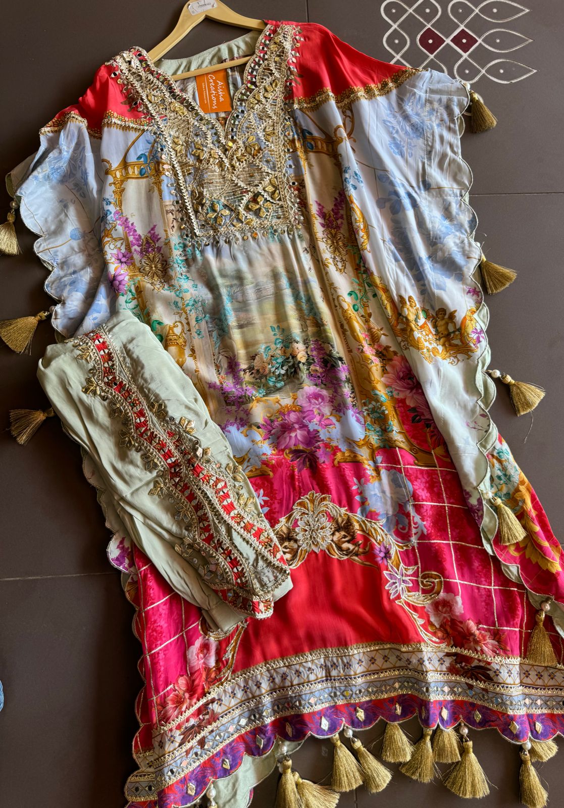 Pure crepe digital kaaftan with dhoti salwar set.