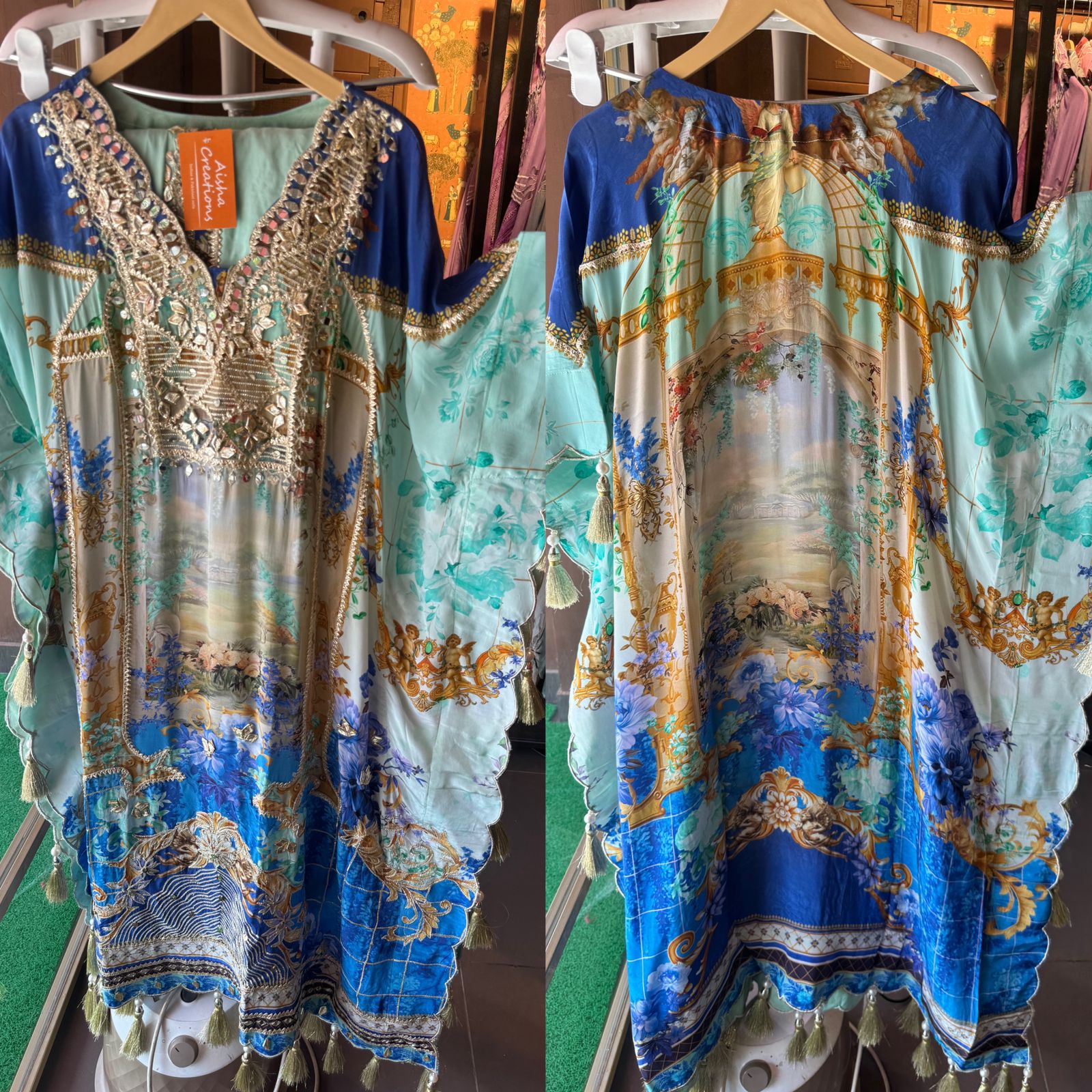 Pure crepe digital kaaftan with dhoti salwar set.