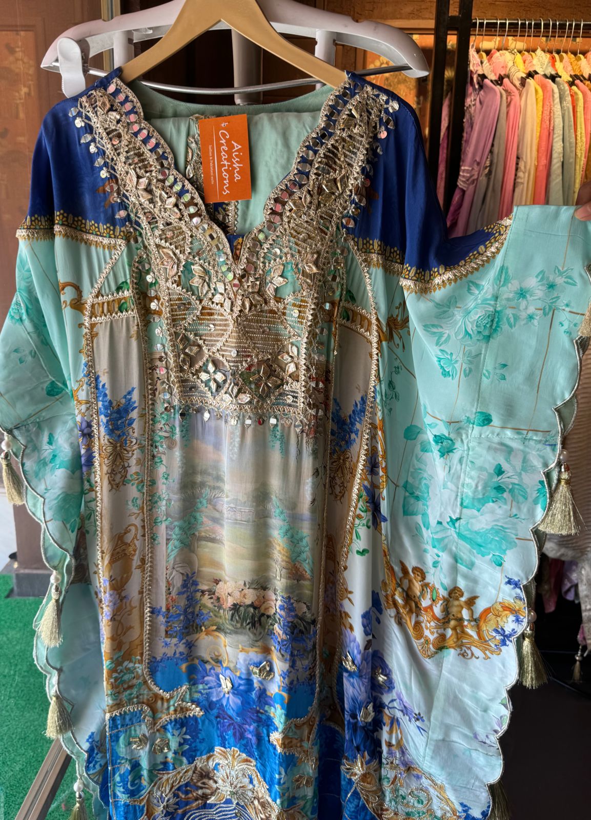 Pure crepe digital kaaftan with dhoti salwar set.