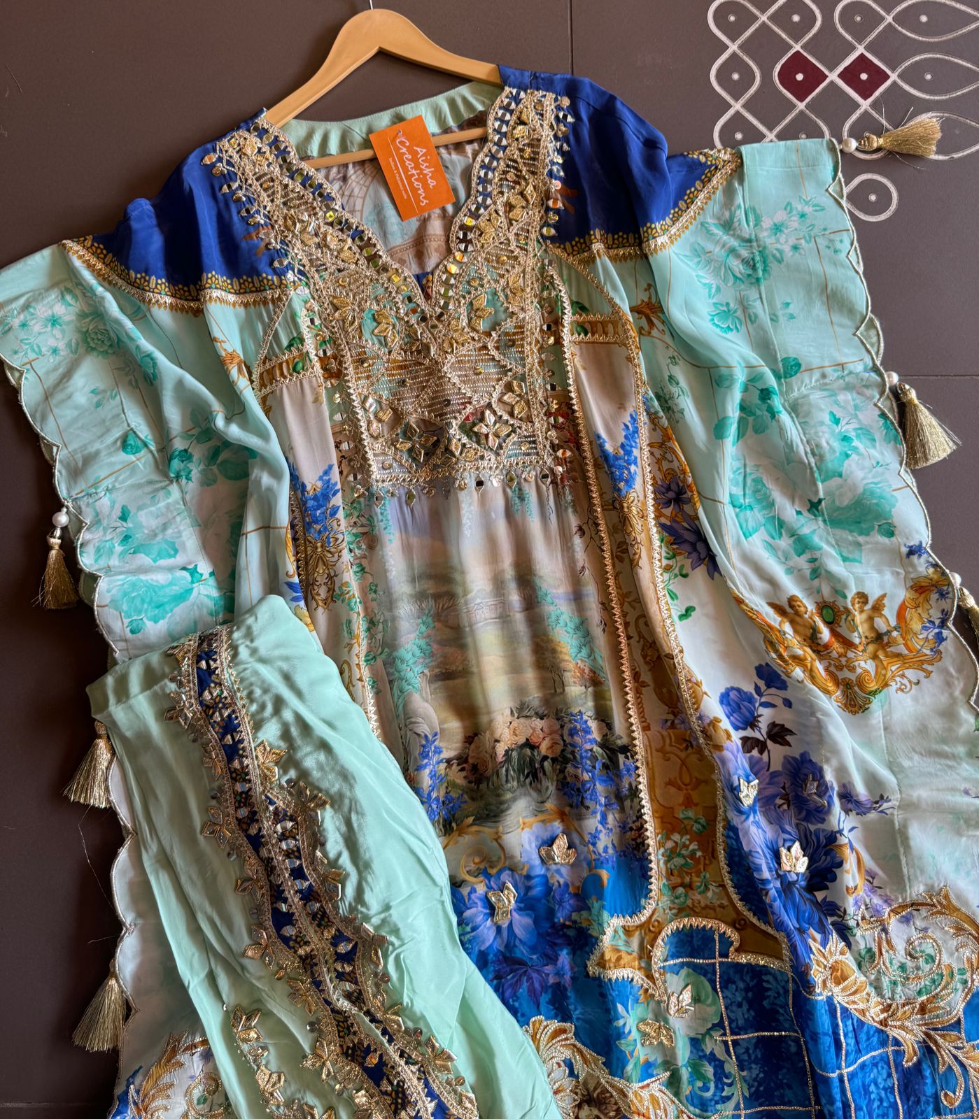 Pure crepe digital kaaftan with dhoti salwar set.