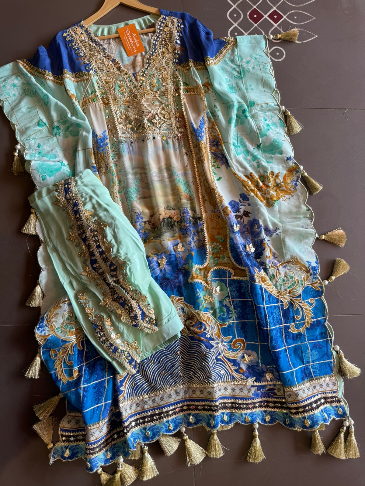 Pure crepe digital kaaftan with dhoti salwar set.