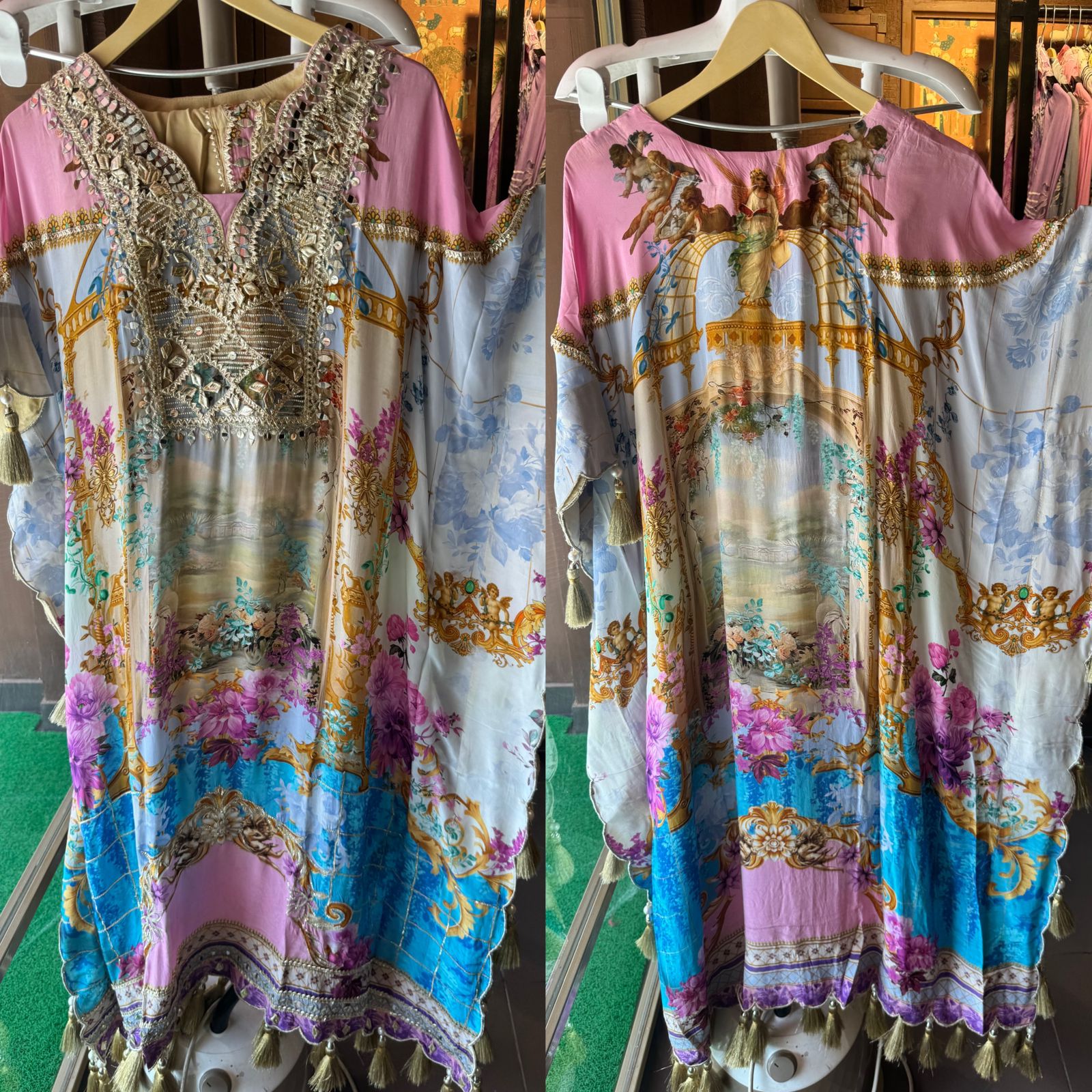 Pure crepe digital kaaftan with dhoti salwar set.