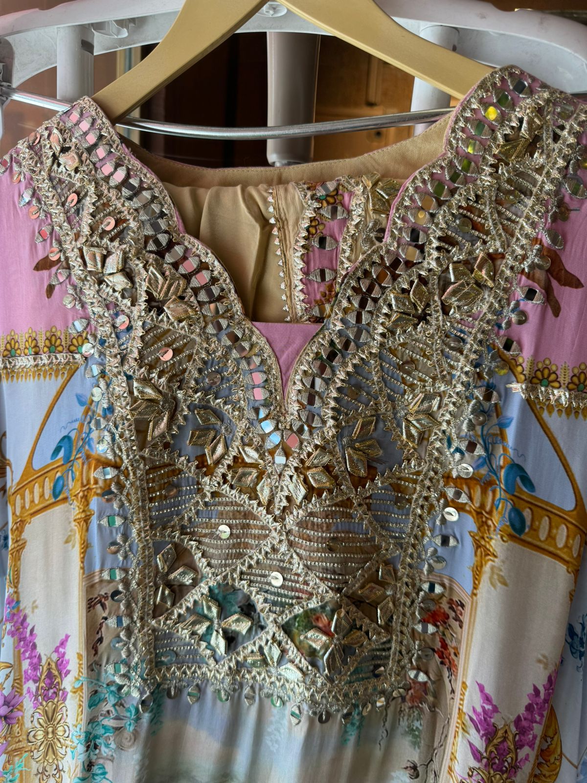 Pure crepe digital kaaftan with dhoti salwar set.