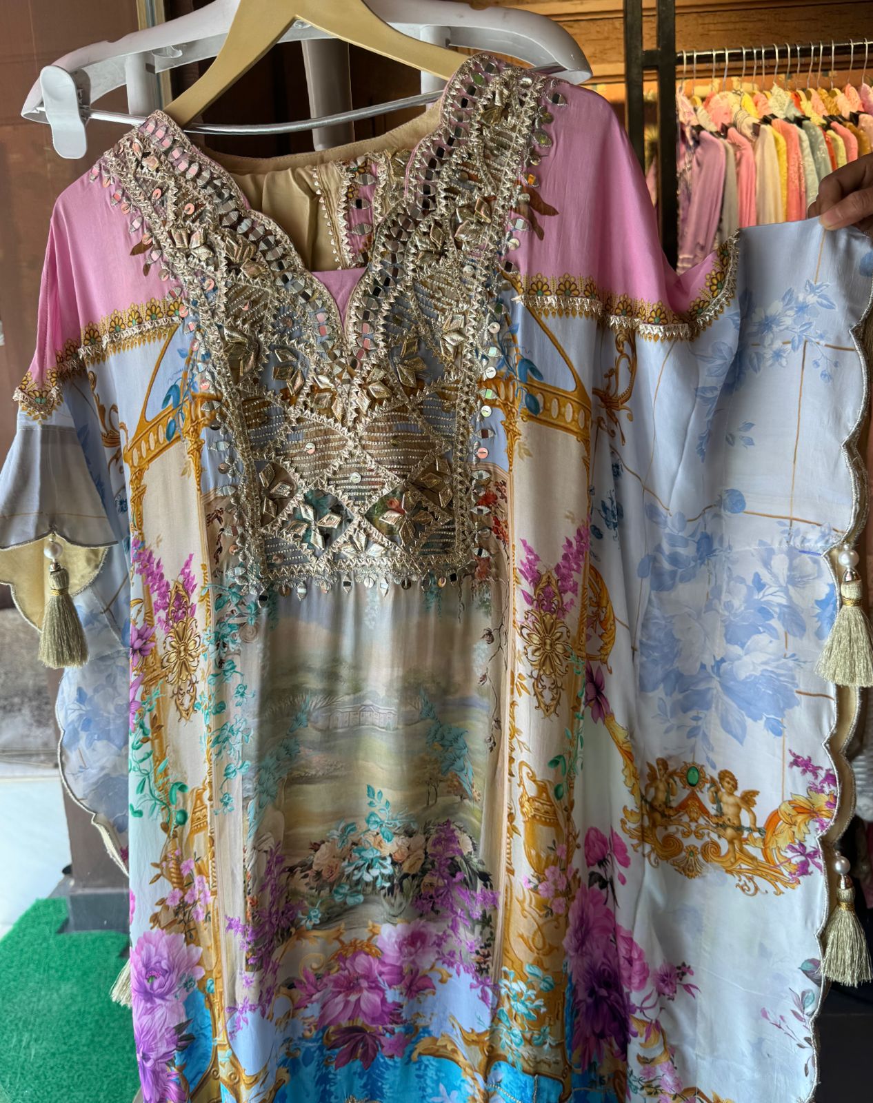 Pure crepe digital kaaftan with dhoti salwar set.