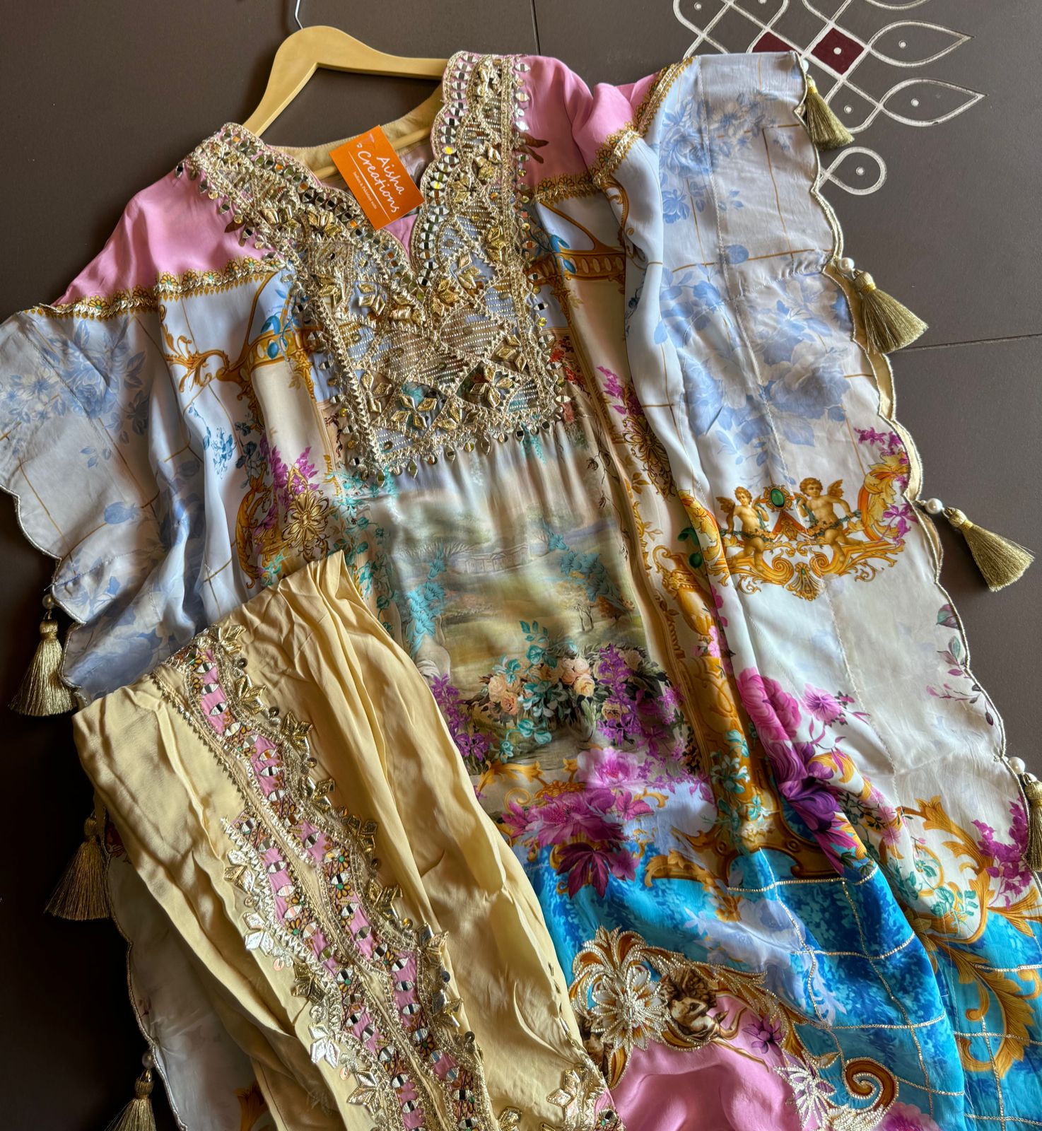 Pure crepe digital kaaftan with dhoti salwar set.