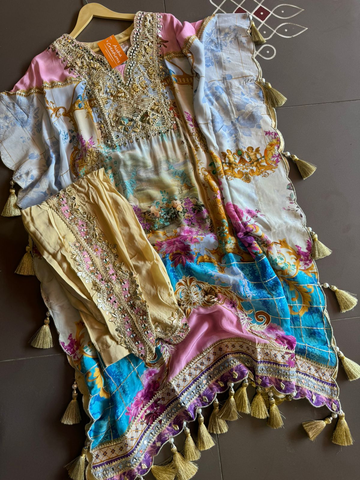 Pure crepe digital kaaftan with dhoti salwar set.