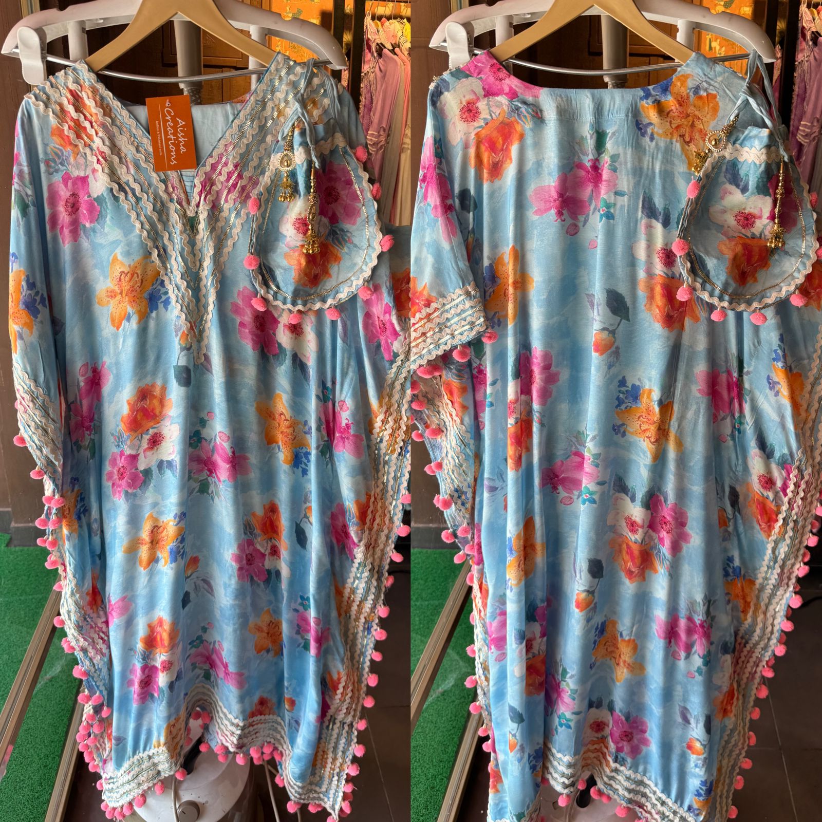 Pure muslin floral digital printed kaaftan set with lacework done on the neckline