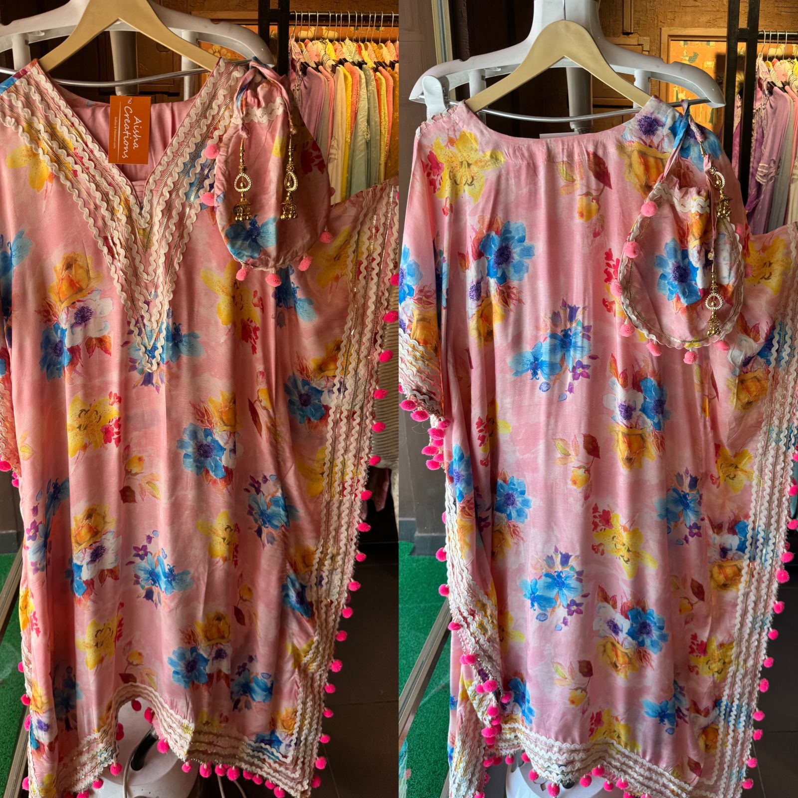 Pure muslin floral digital printed kaaftan set with lacework done on the neckline