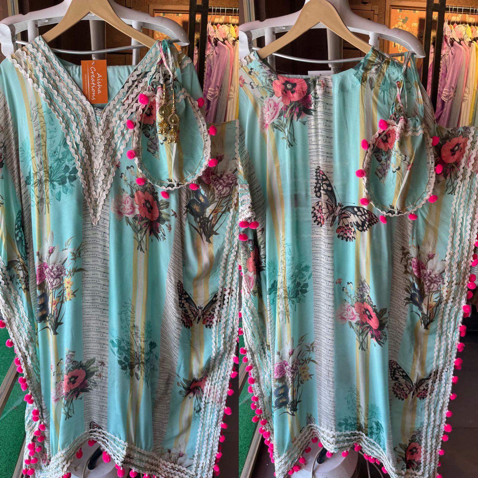 Pure muslin floral digital printed kaaftan set with lacework done on the neckline