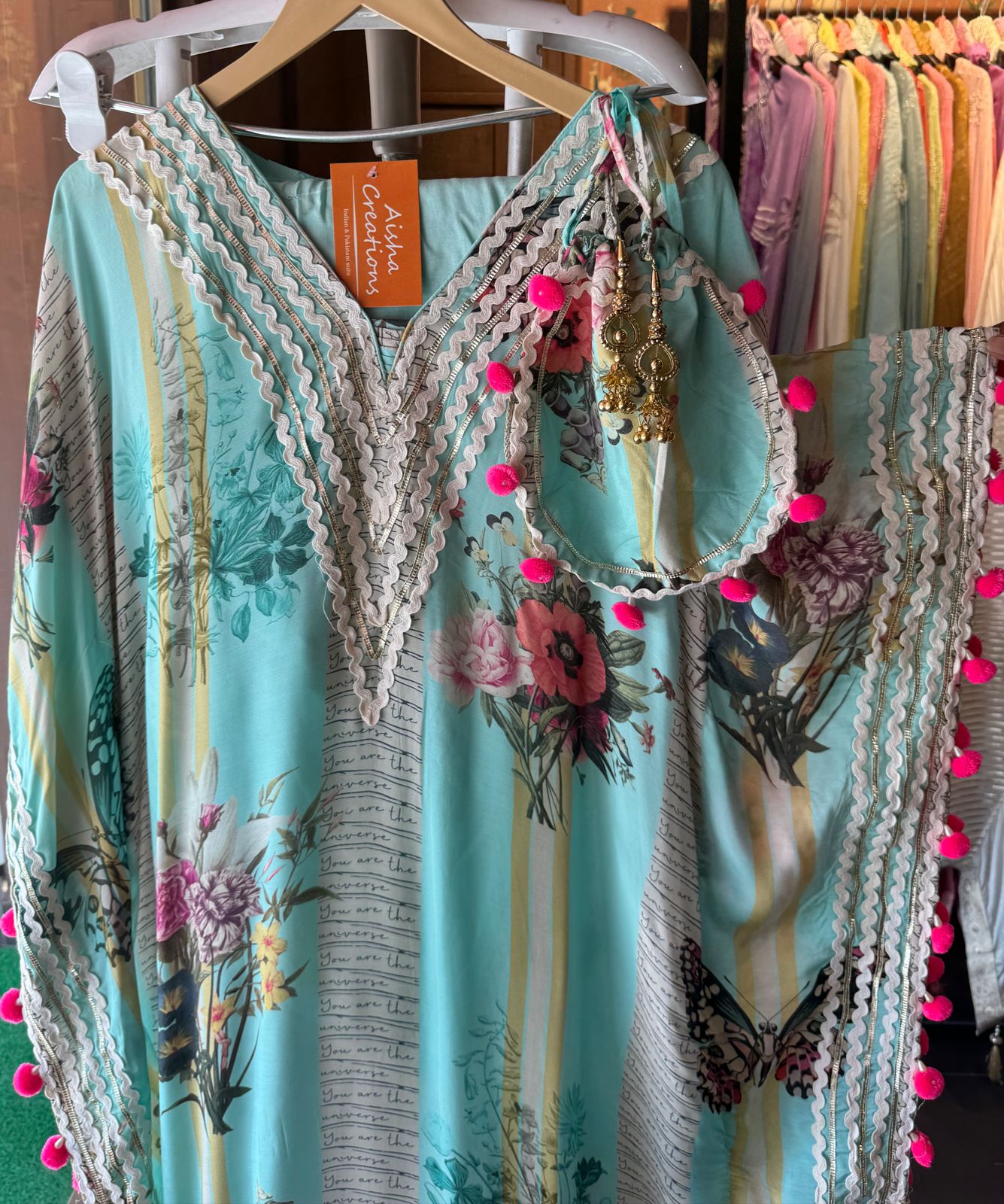 Pure muslin floral digital printed kaaftan set with lacework done on the neckline