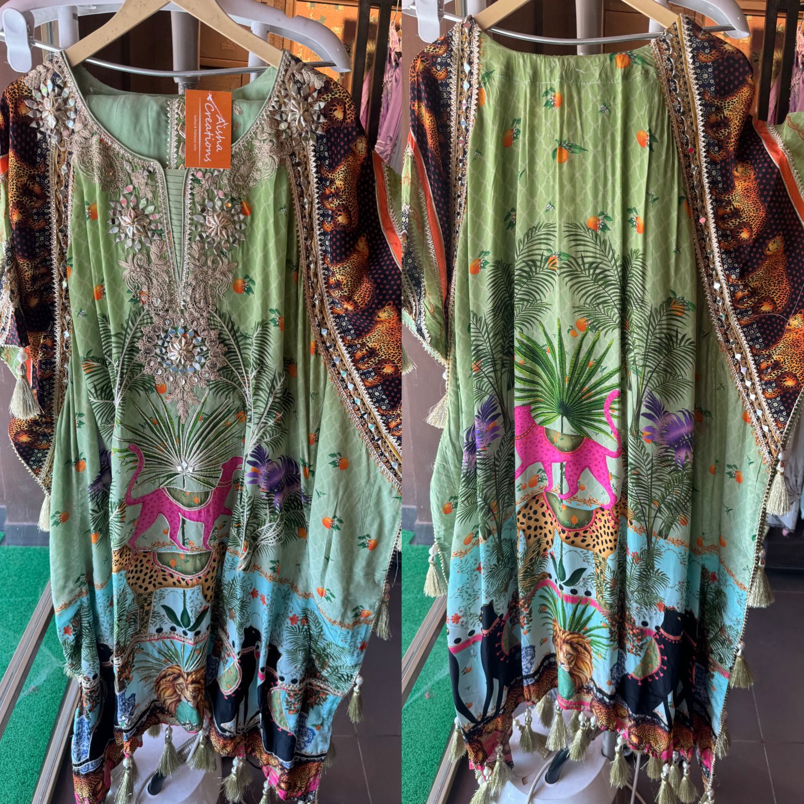 Pure crepe stitched kaaftan set with stitched dhoti.