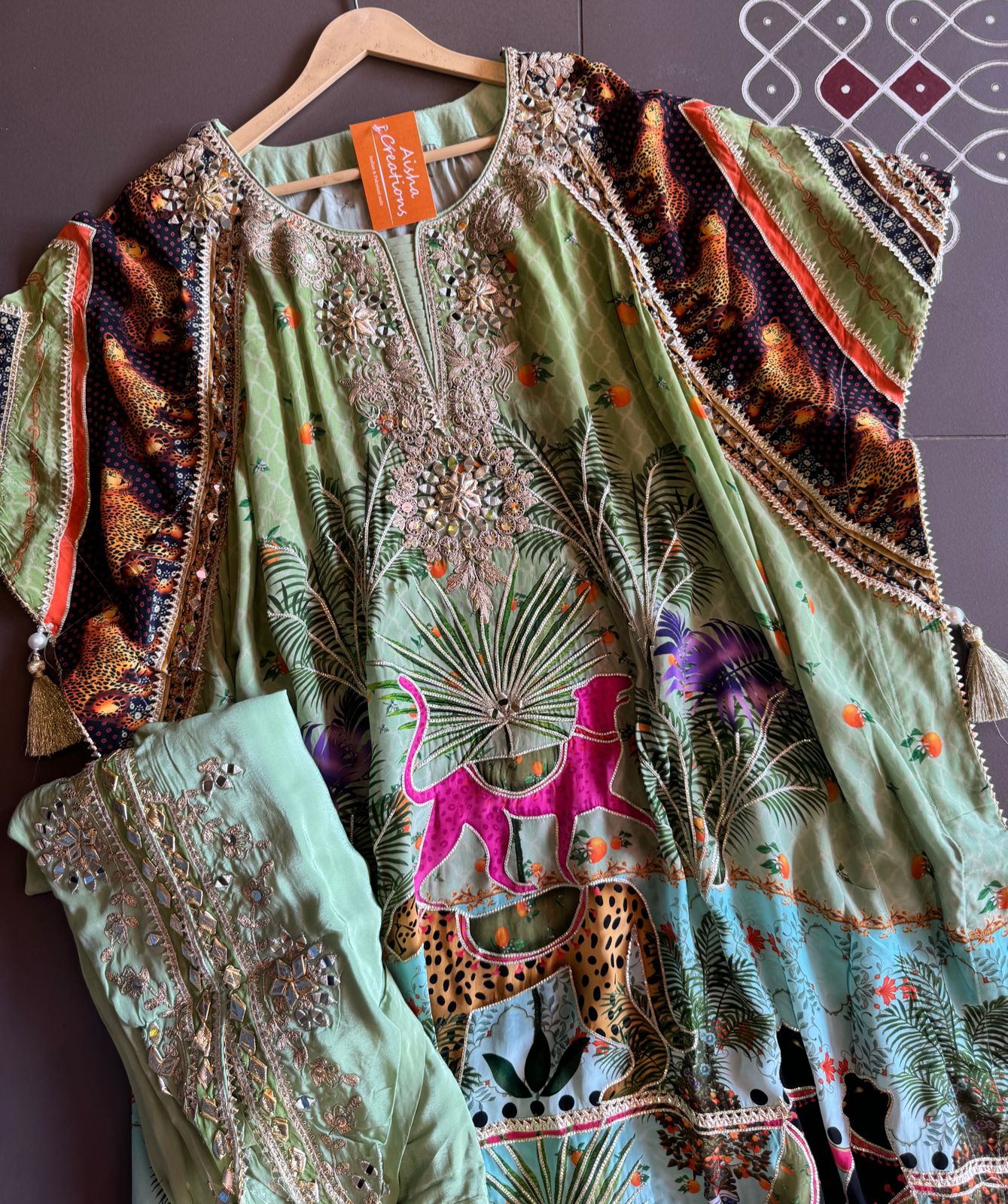 Pure crepe stitched kaaftan set with stitched dhoti.