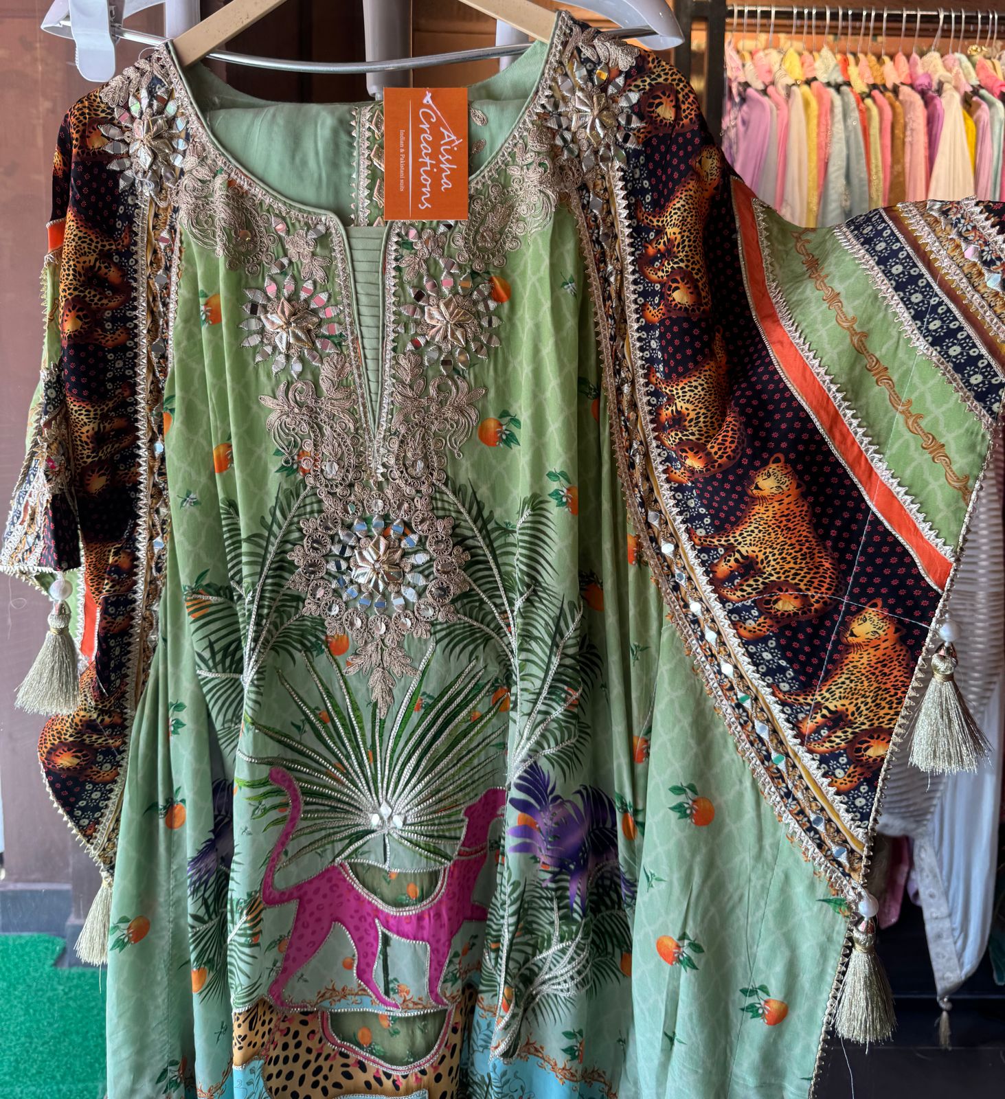 Pure crepe stitched kaaftan set with stitched dhoti.