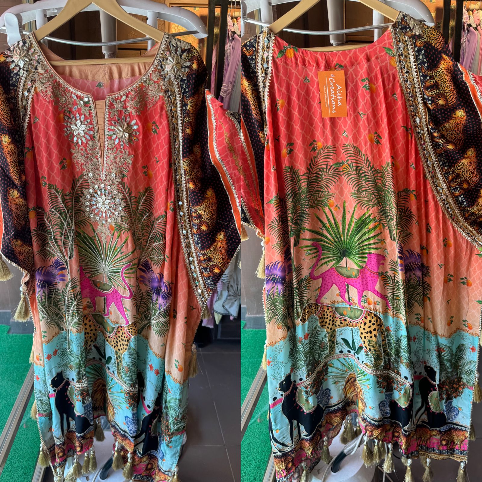 Pure crepe stitched kaaftan set with stitched dhoti.