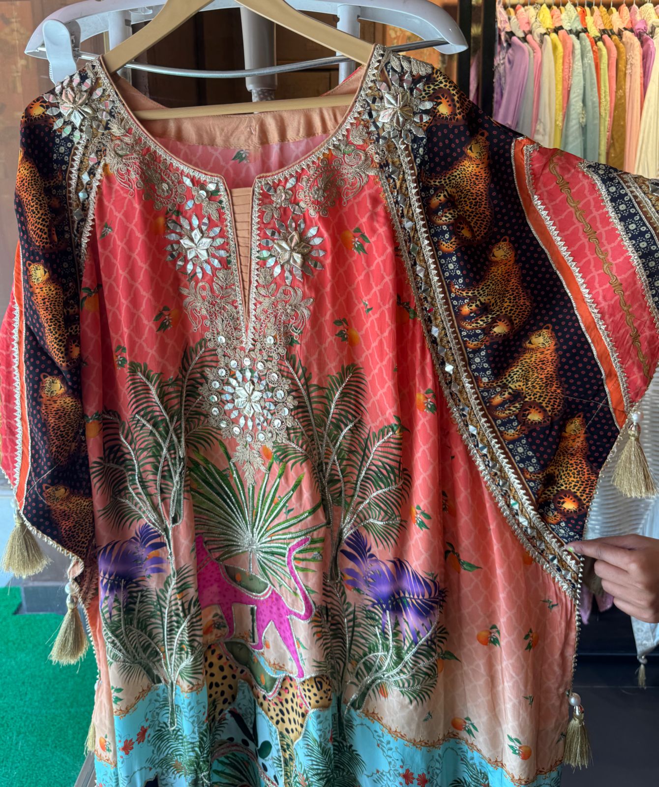 Pure crepe stitched kaaftan set with stitched dhoti.