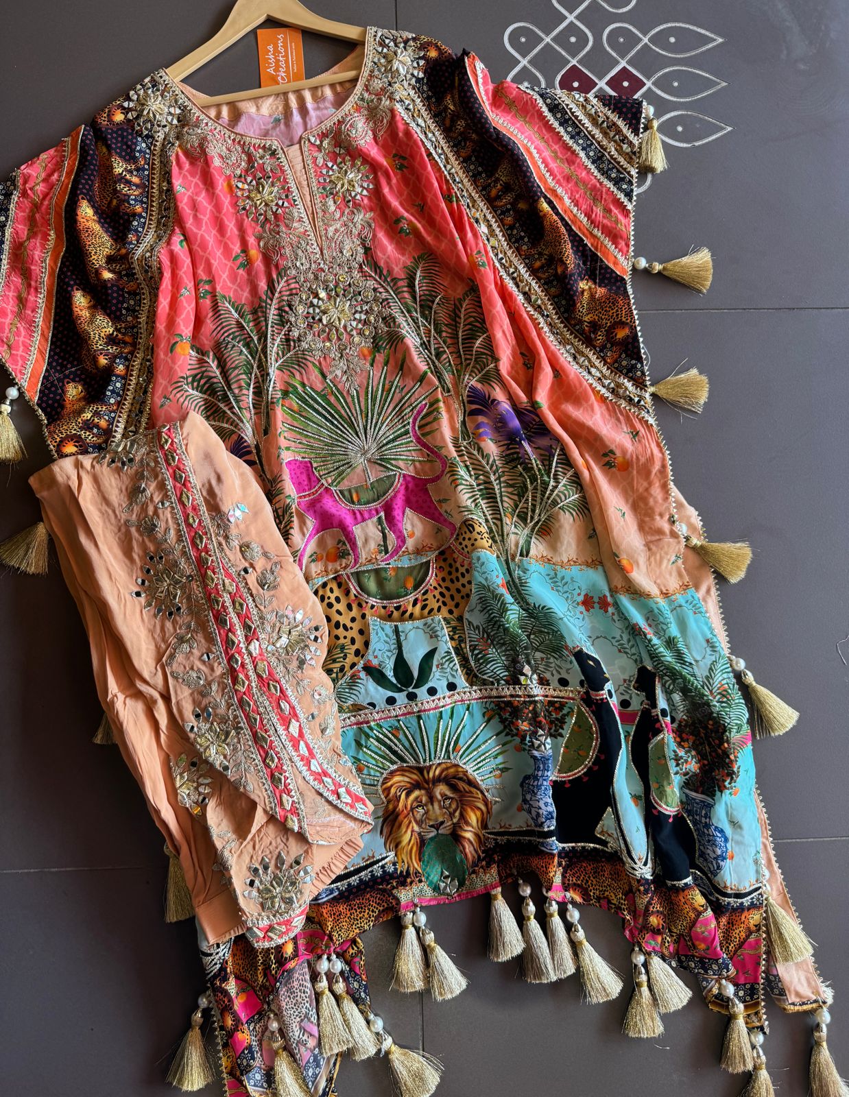 Pure crepe stitched kaaftan set with stitched dhoti.