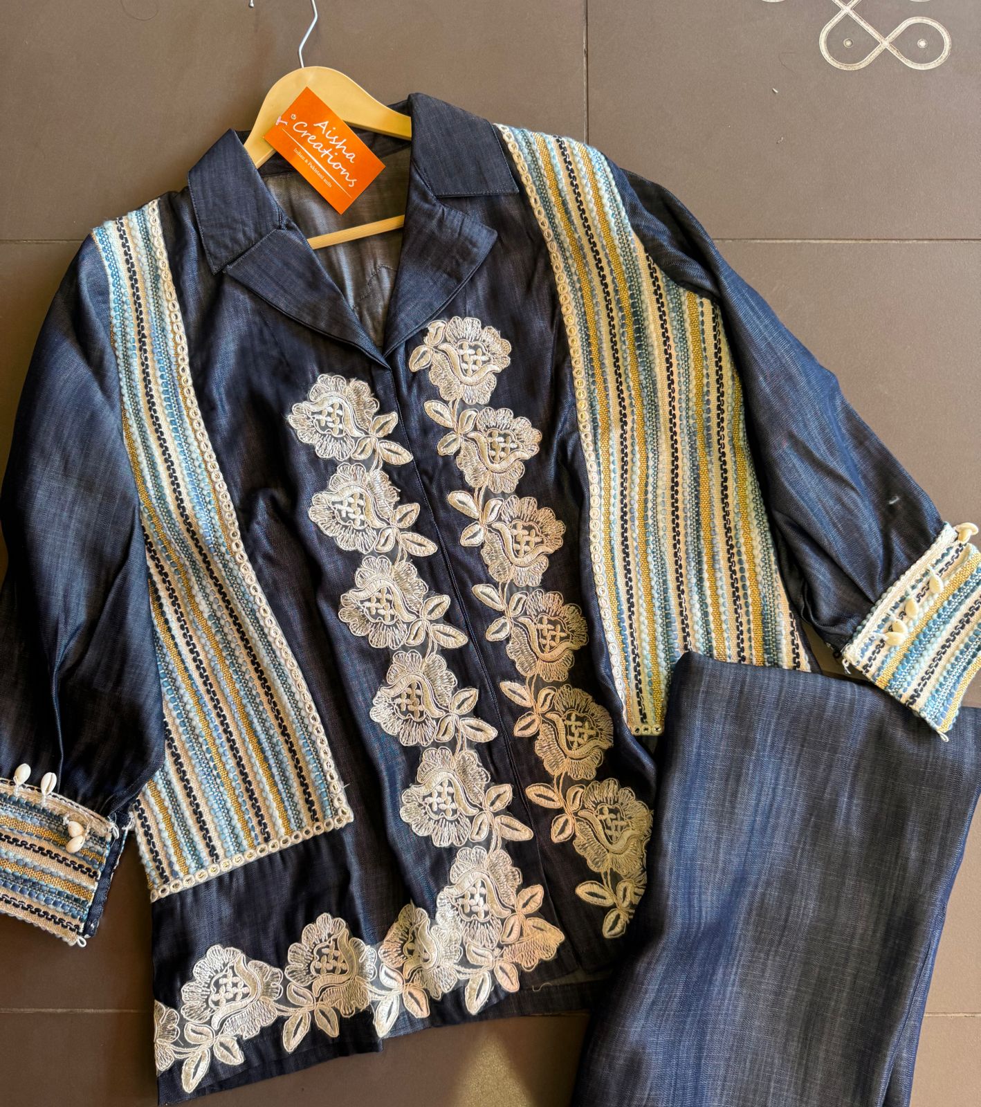 Silk denim stitched COORD set with very smart imported lace work done