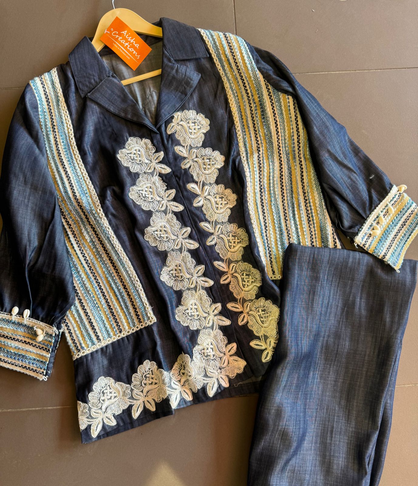 Silk denim stitched COORD set with very smart imported lace work done