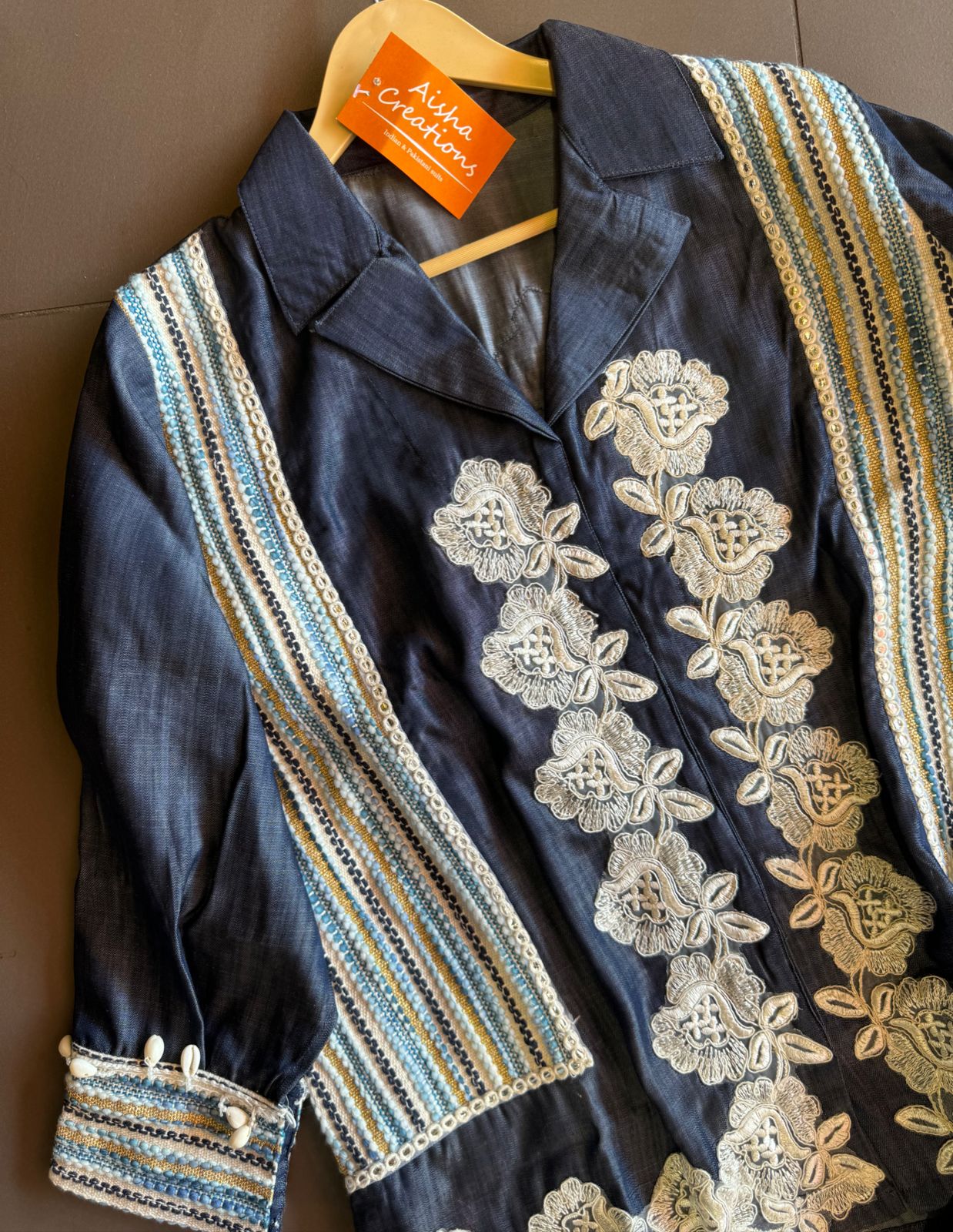 Silk denim stitched COORD set with very smart imported lace work done