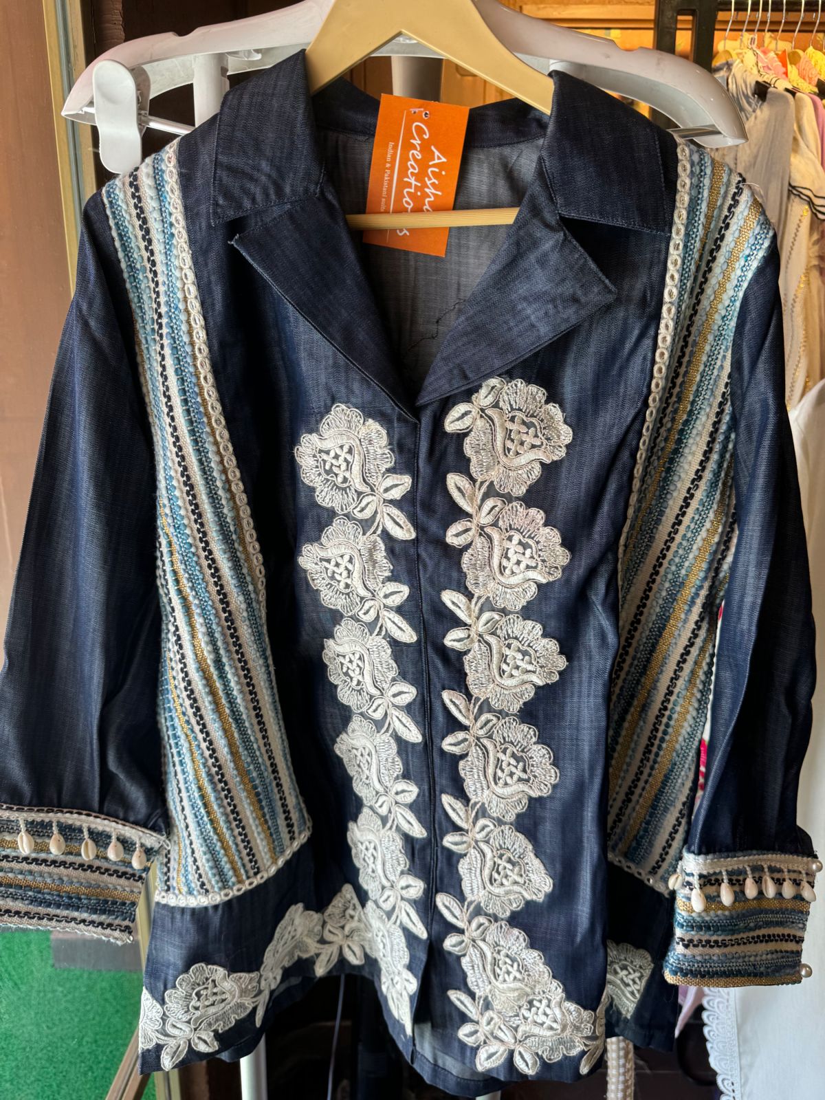 Silk denim stitched COORD set with very smart imported lace work done