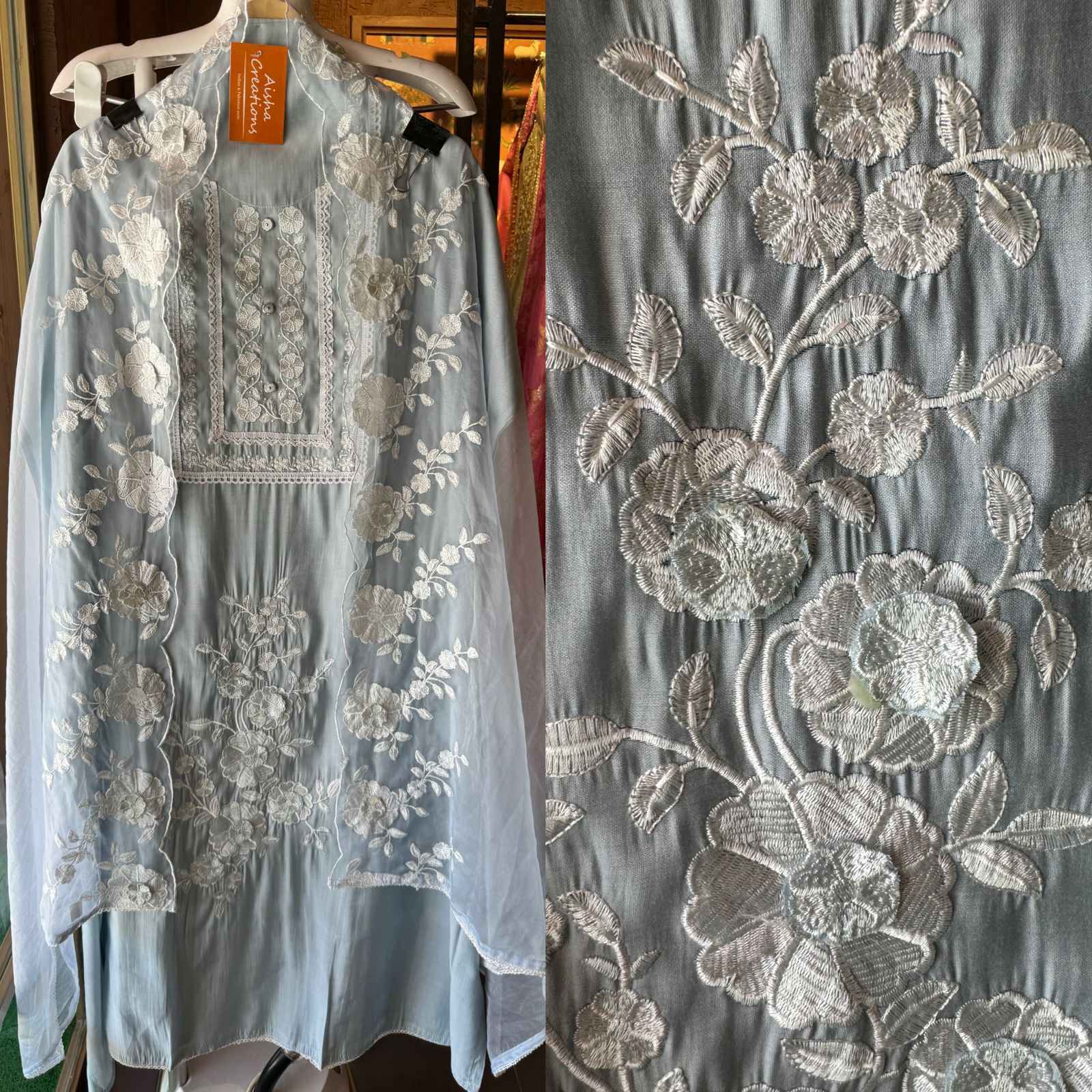 Designer cotton muslin shirt with very smart neck thread embroidery