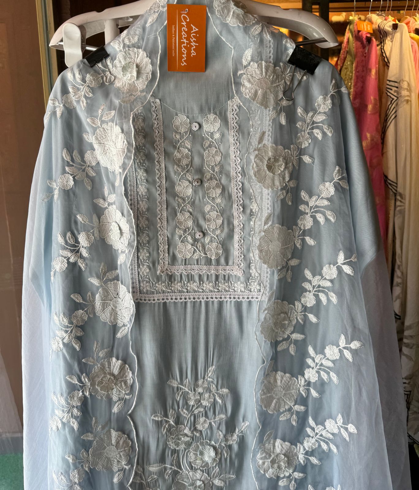 Designer cotton muslin shirt with very smart neck thread embroidery