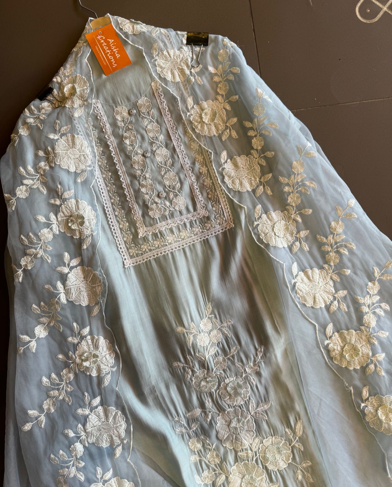 Designer cotton muslin shirt with very smart neck thread embroidery