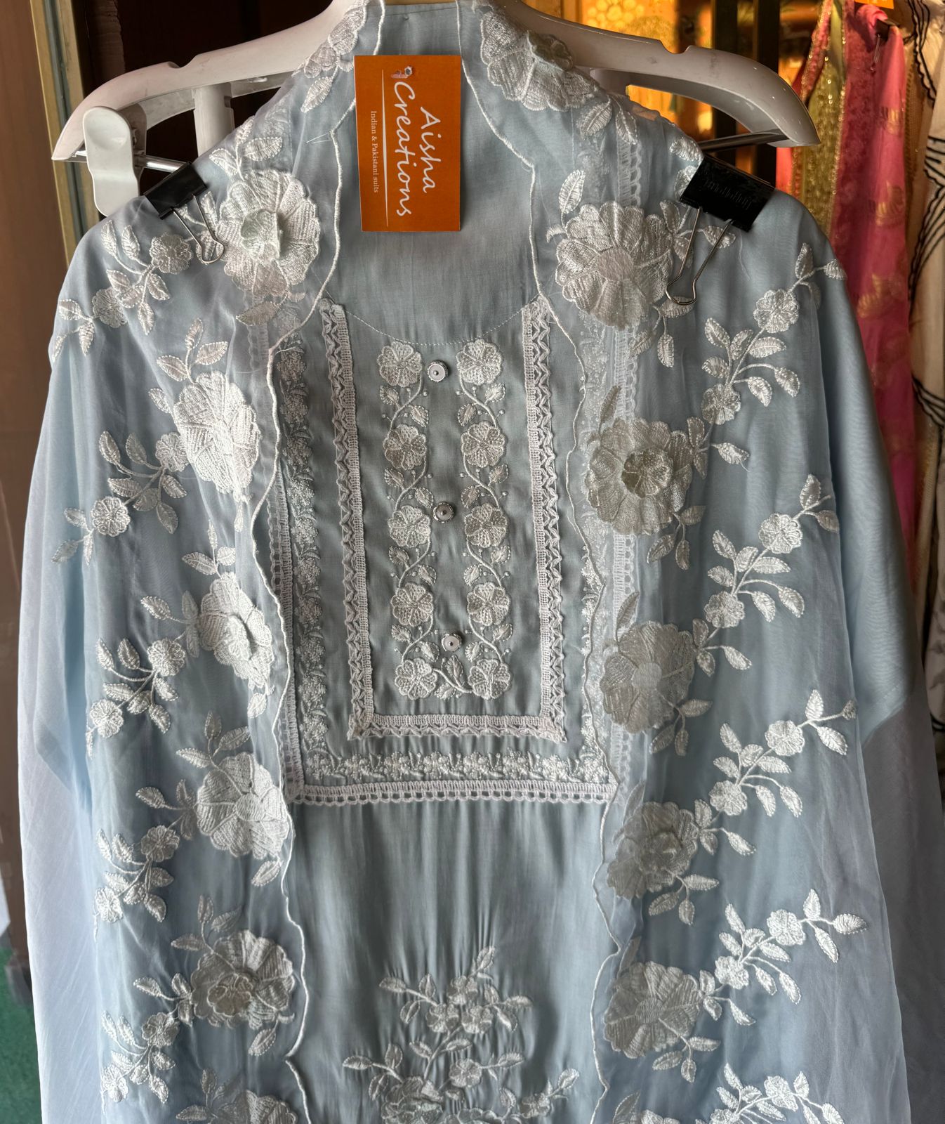 Designer cotton muslin shirt with very smart neck thread embroidery