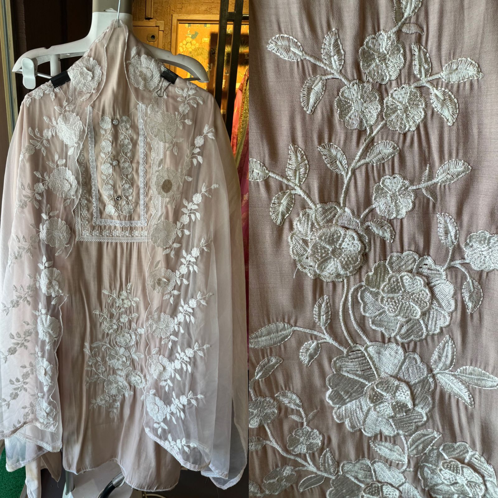 Designer cotton muslin shirt with very smart neck thread embroidery