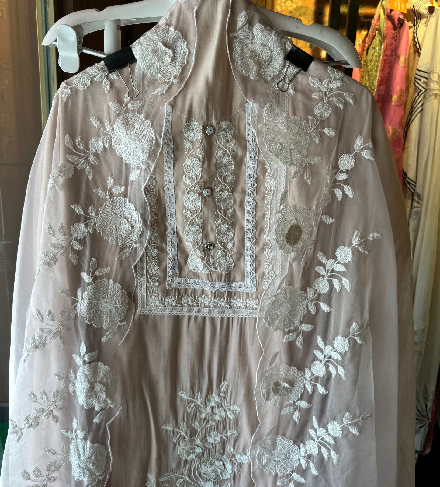 Designer cotton muslin shirt with very smart neck thread embroidery