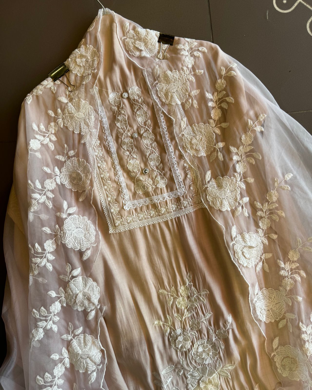 Designer cotton muslin shirt with very smart neck thread embroidery