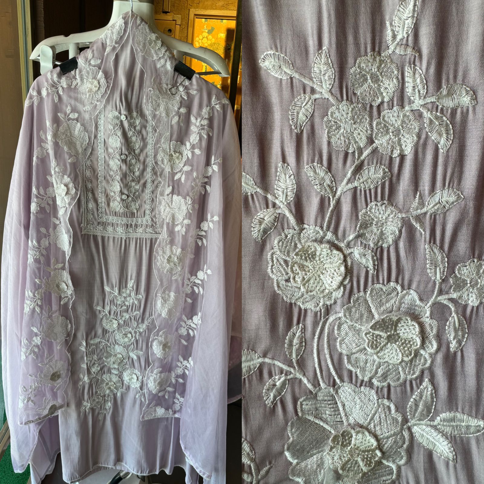 Designer cotton muslin shirt with very smart neck thread embroidery