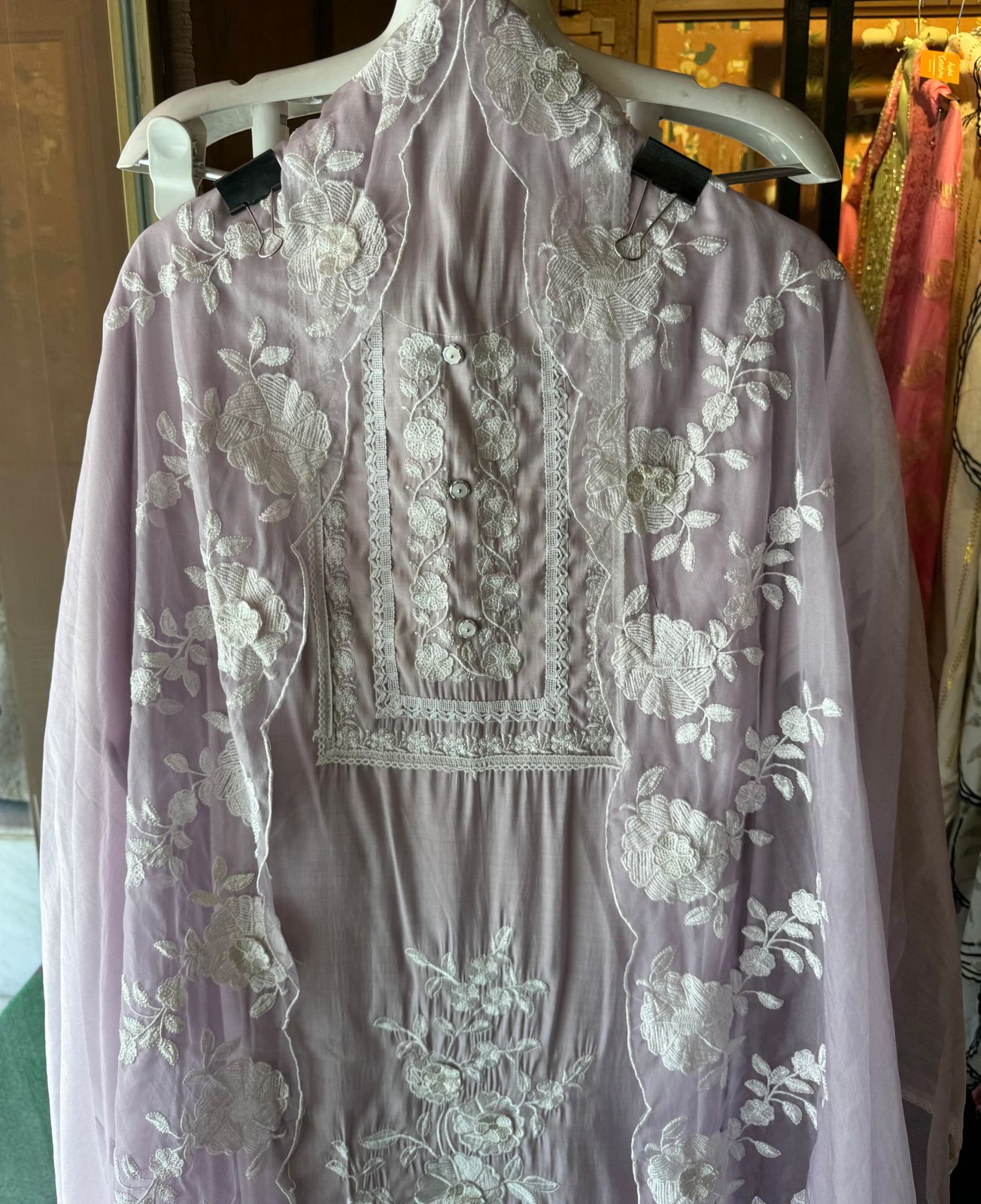 Designer cotton muslin shirt with very smart neck thread embroidery