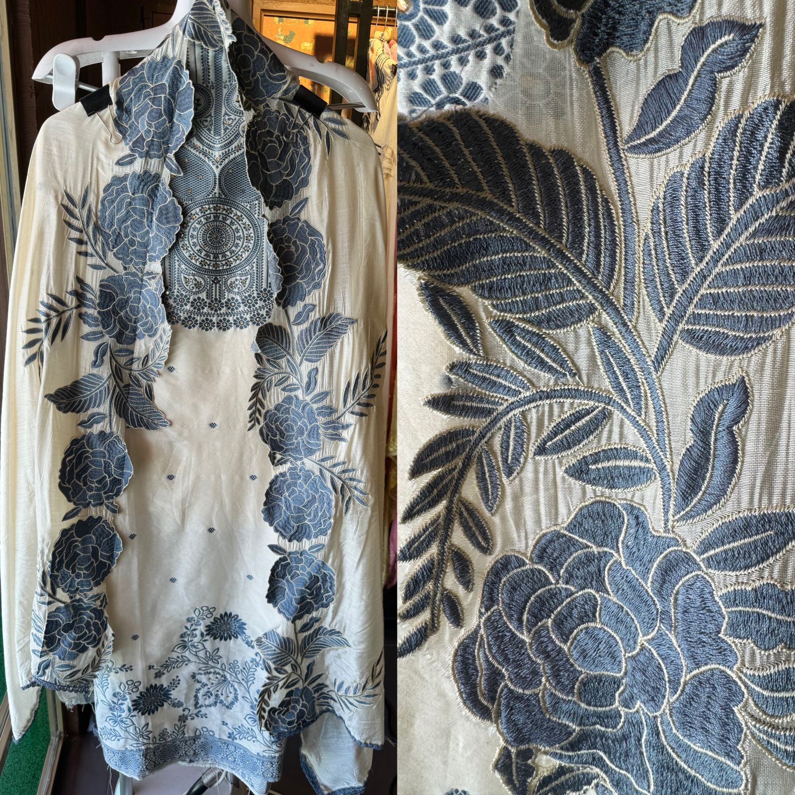 Jam cotton unstitched shirt with cotton weavings on the neckline