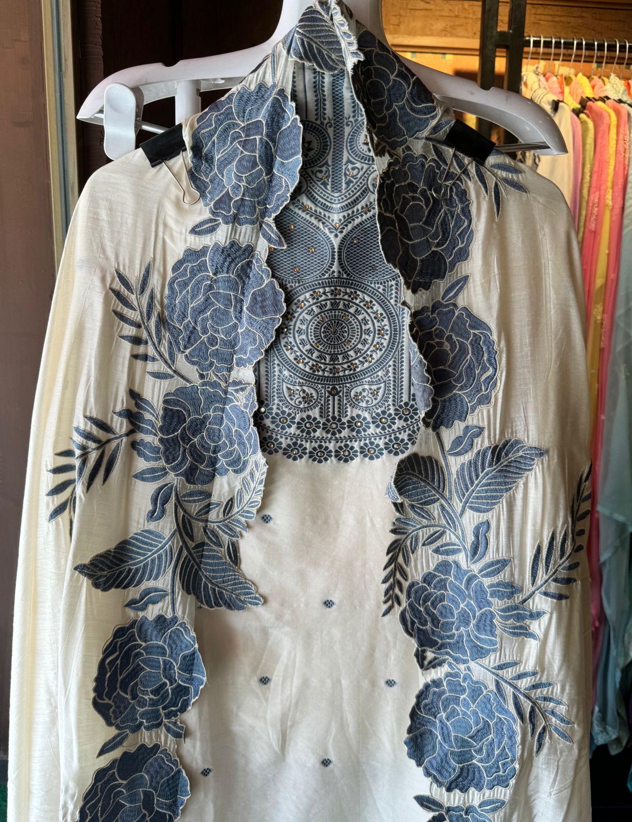 Jam cotton unstitched shirt with cotton weavings on the neckline