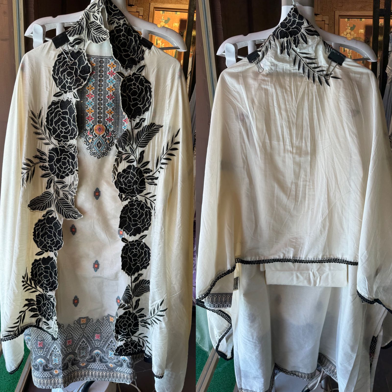 Jam cotton unstitched shirt with cotton weavings on the neckline