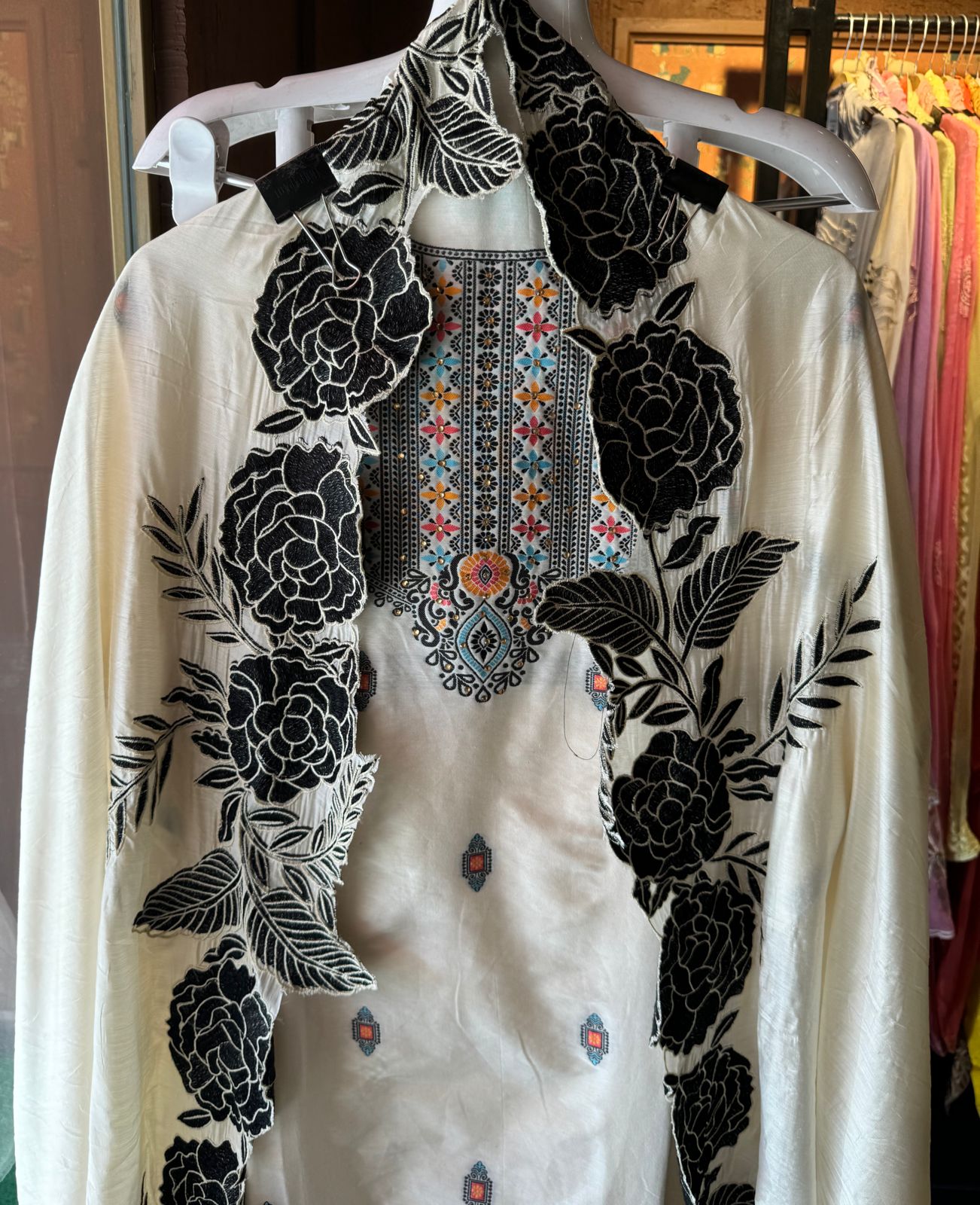 Jam cotton unstitched shirt with cotton weavings on the neckline