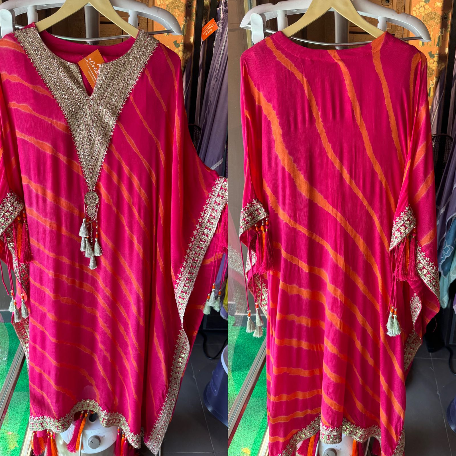 Beautiful lehriya pure chinon kaaftan set with very smart V neckline