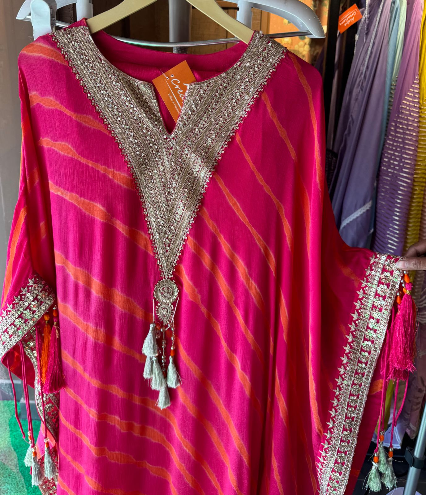 Beautiful lehriya pure chinon kaaftan set with very smart V neckline