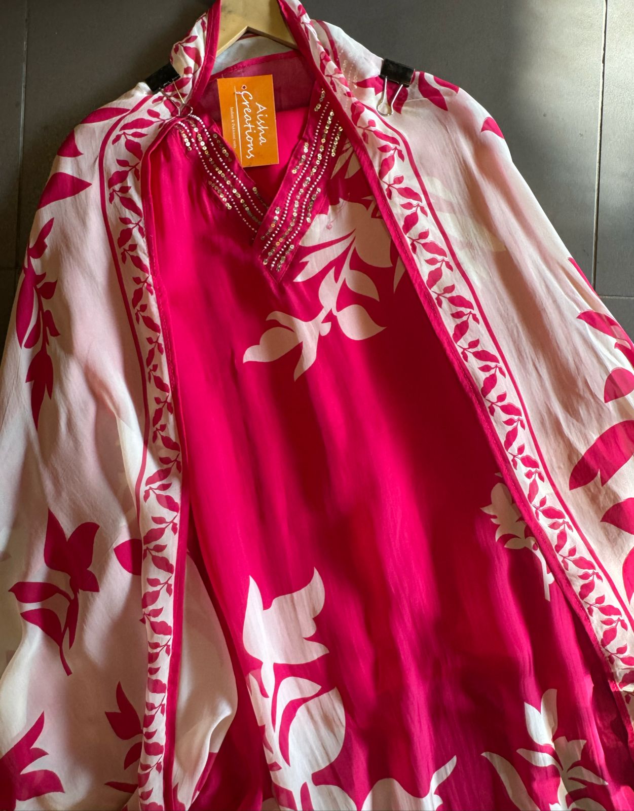 Soft digital printed organza shirt very soft organza with V neck design with pearl work