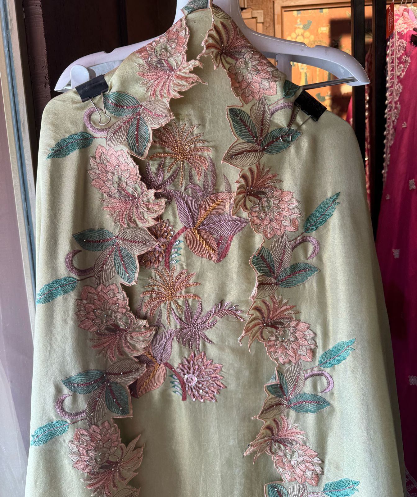 Shimmer tissue unstitched full size shirt with very smart Neckwork done with thread