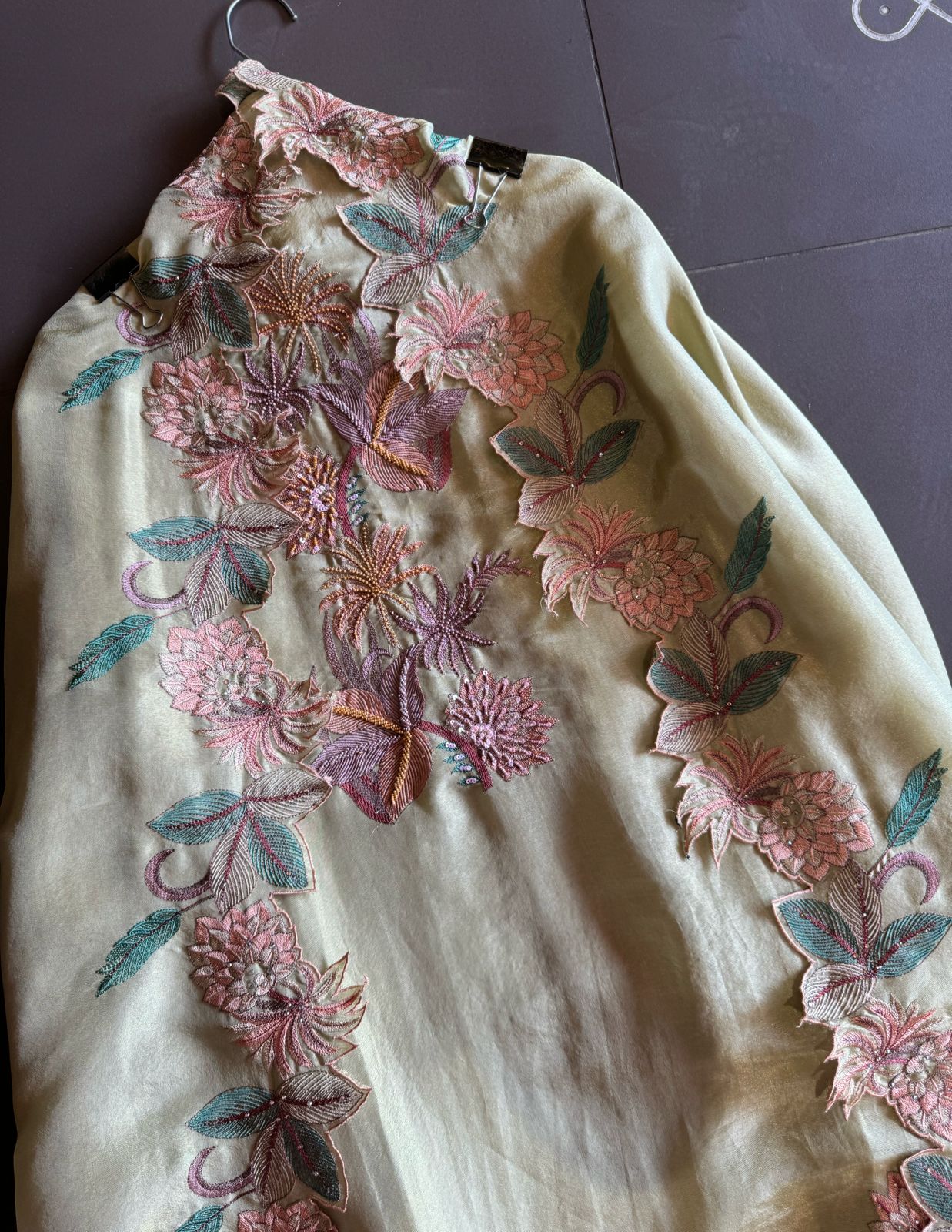 Shimmer tissue unstitched full size shirt with very smart Neckwork done with thread