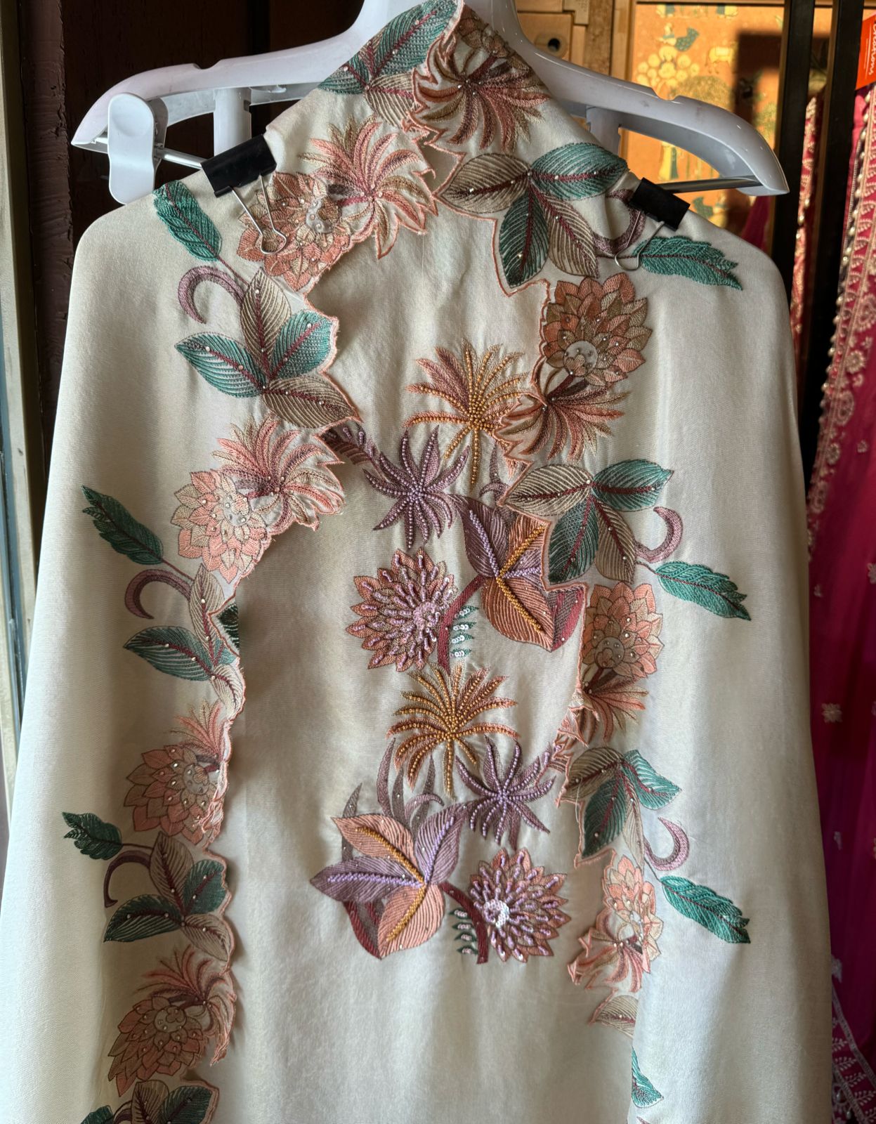 Shimmer tissue unstitched full size shirt with very smart Neckwork done with thread