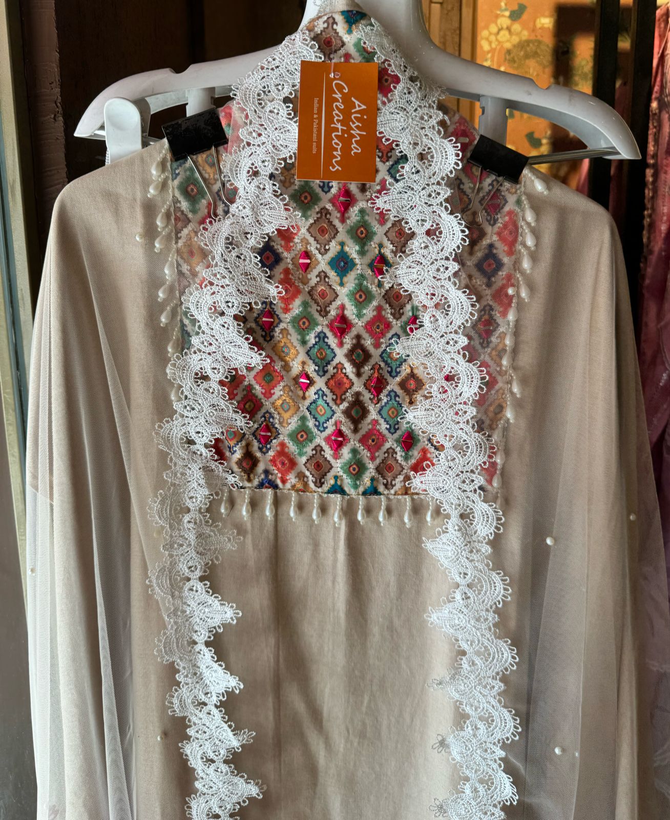 Pure organic handloom cotton unstitched Shirt with very beautiful printed neckline with mirror