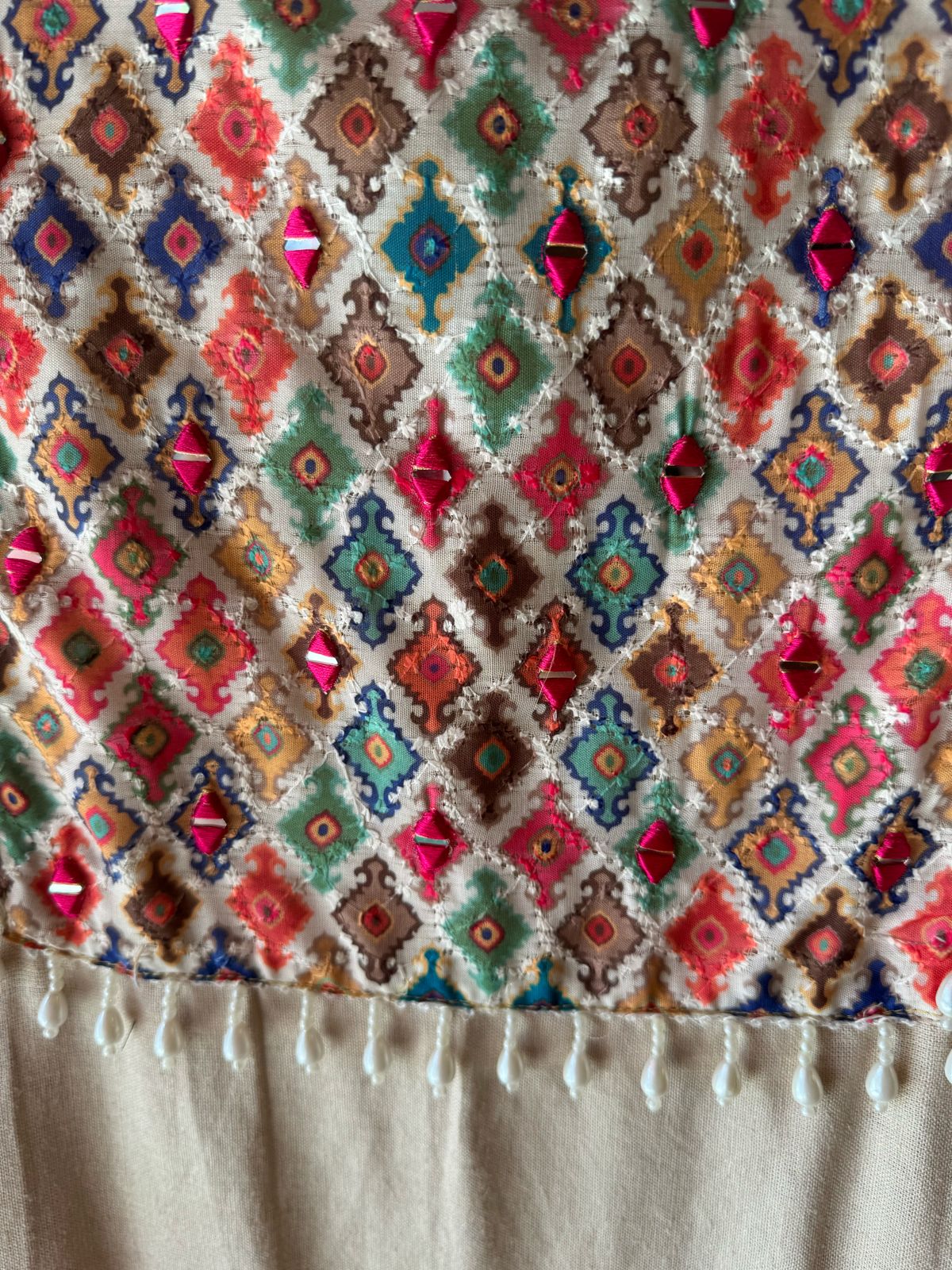 Pure organic handloom cotton unstitched Shirt with very beautiful printed neckline with mirror