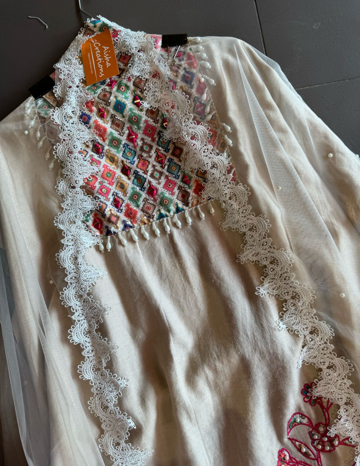 Pure organic handloom cotton unstitched Shirt with very beautiful printed neckline with mirror