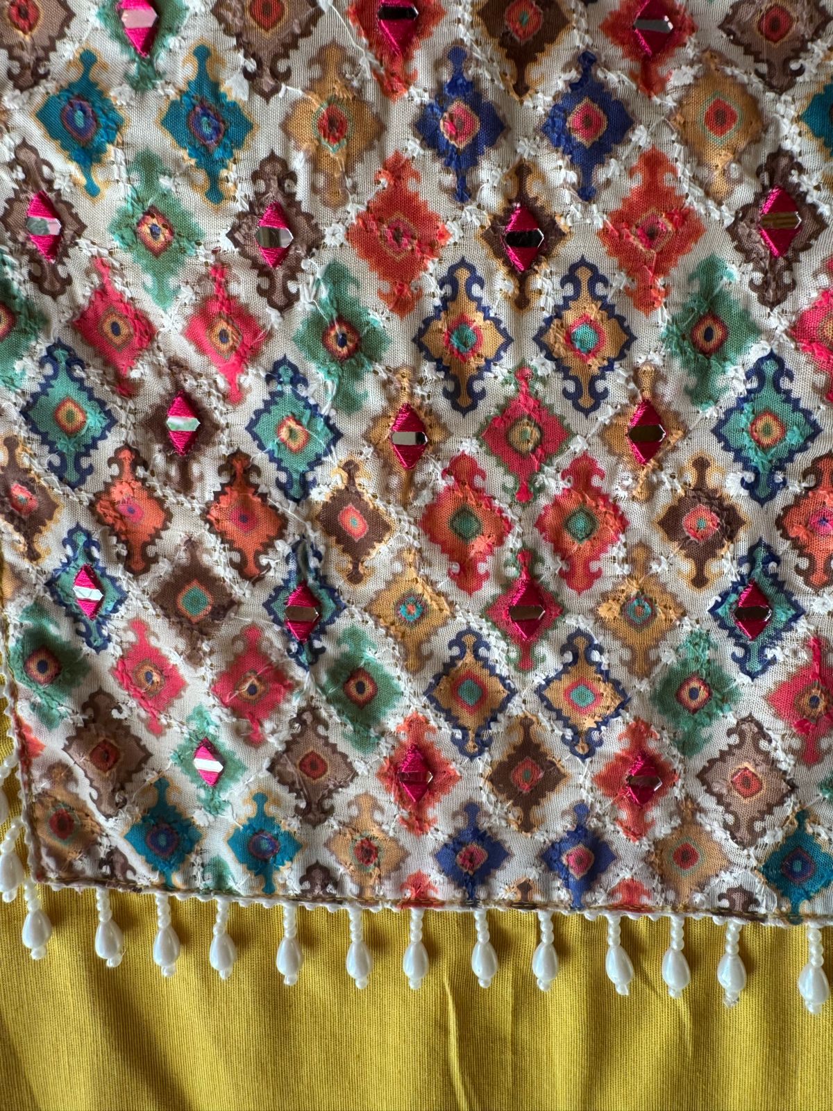 Pure organic handloom cotton unstitched Shirt with very beautiful printed neckline with mirror